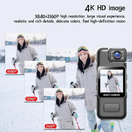 Versatile Travel Recorder with Adjustable Lens for Daily Adventures capturing skier in 4K HD image showcasing 2160P, 1296P and 1080P resolution options