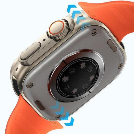 WK Smart Watch for Everyday Health and Activity Tracking showing rear sensors and orange strap for heart rate and sleep monitoring