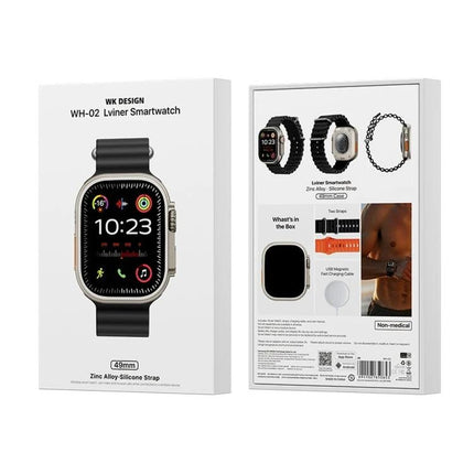 WK Smart Watch for Everyday Health and Activity Tracking - black zinc alloy silicone strap smartwatch packaging showing watch face and accessories