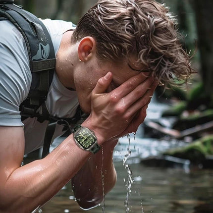 WK Smart Watch for Staying Connected in Daily Life shown on wrist as man refreshes face at river, water-resistant everyday smartwatch