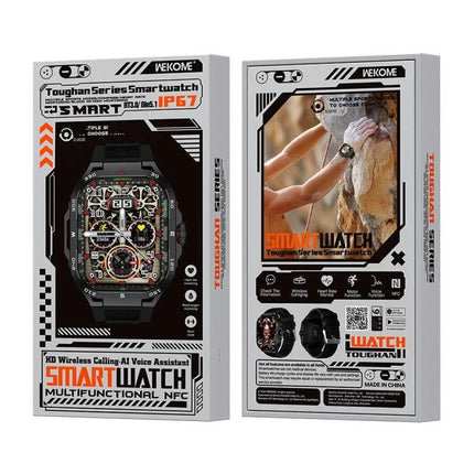 WK Smart Watch for Staying Connected in Daily Life - black multifunctional smartwatch packaging showing watch face and lifestyle image