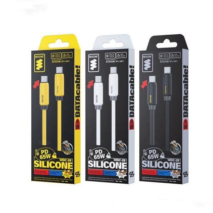 WK Silicone Type-C Cable for Daily Device Charging - silicone PD 65W Type-C charging cables in yellow, white, black packaging