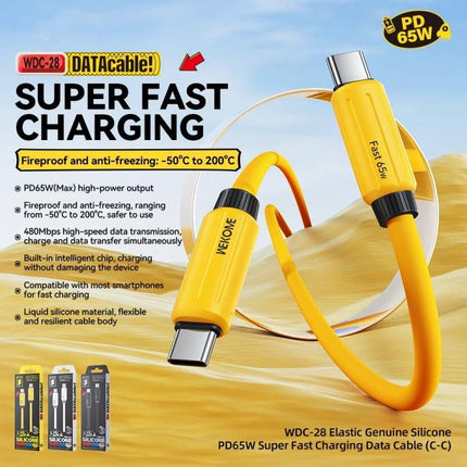 WK Silicone Type-C Cable for Daily Device Charging - yellow elastic silicone 65W PD fast charging cable