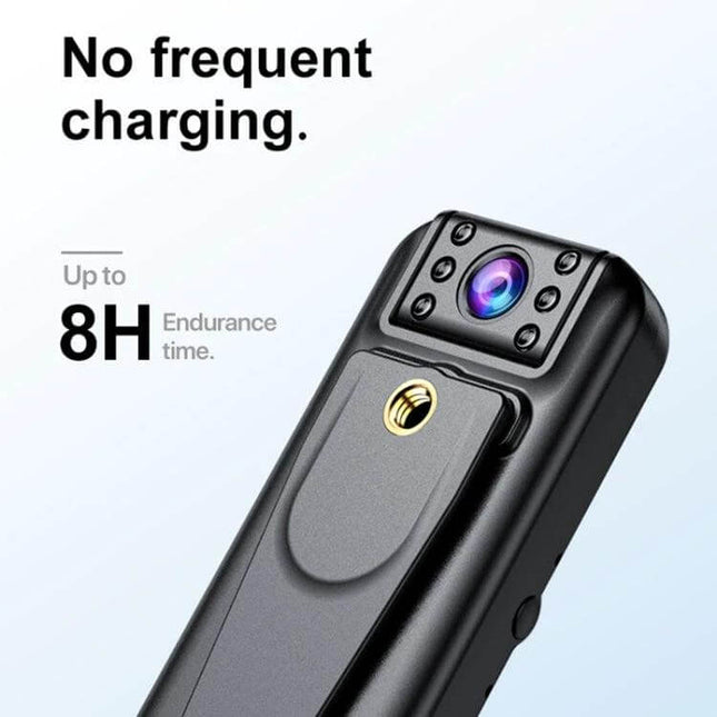 Compact Rotating Lens Night Vision Video Recorder for Everyday Use showing black 2K camera with rotating lens, night vision LEDs and up to 8H endurance