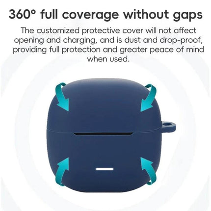 Protective Silicone Case for Xiaomi Earbuds in Daily Use showing 360° full coverage, slim 2mm navy case with charging access