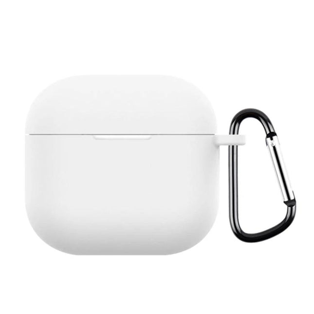 Silicone Case Keeps Earphones Secure for Daily Activities - white silicone earphone case with carabiner, scratch-resistant protective cover