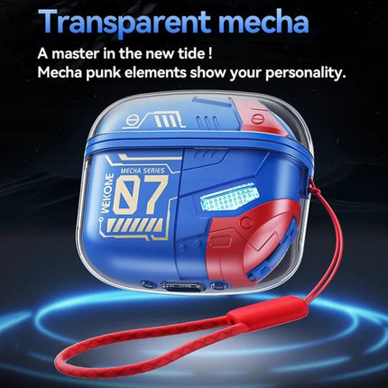 Wekome Armor Wireless Earbuds For Commuting And Clear Calls blue transparent mecha case with red strap, ENC earbuds for clear calls