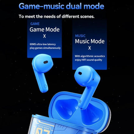 Wekome Armor Wireless Earbuds For Commuting And Clear Calls showing blue earbuds, charging case, game and music dual mode