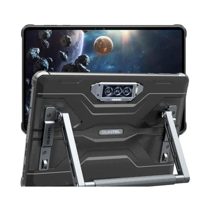 OUKITEL Metal Holder for RT8 Tablet, Sturdy and Foldable Design — back view showing foldable metal stand supporting tablet for hands-free use