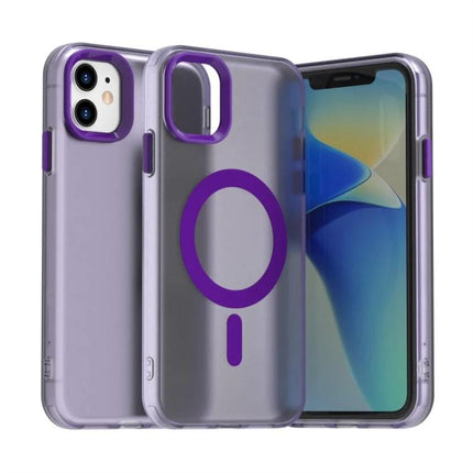 Essential Candy Phone Case for Everyday iPhone Protection — translucent purple PC outer shell with TPU bumper, slim mag-safe style ring, camera cutout