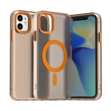 Essential Candy Phone Case for Everyday iPhone Protection - slim PC shell with TPU bumper, orange accents, MagSafe-style ring, clear gold finish