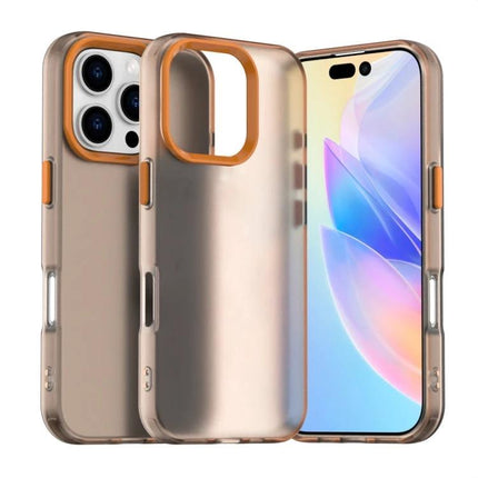 iPhone Hybrid Case For Everyday Protection slim PC+TPU dual-layer case in champagne with orange accents, showing front and back coverage