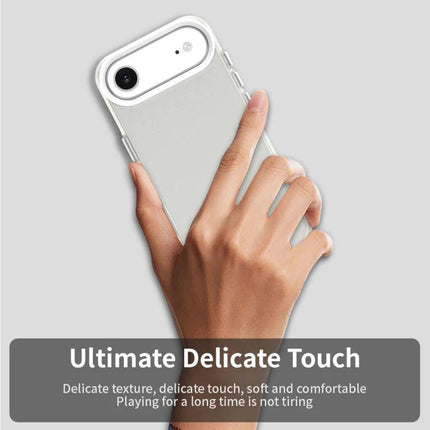 iPhone Hybrid Case For Everyday Protection clear PC+TPU slim protective case shown in hand against gray background