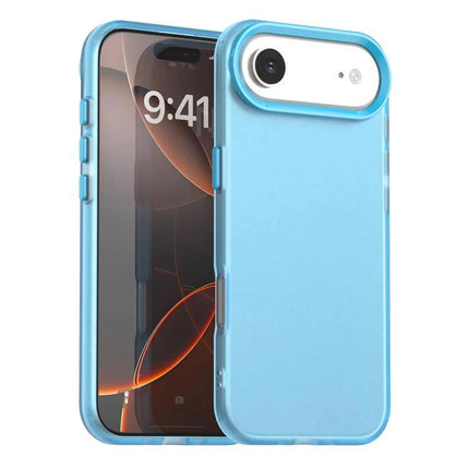 iPhone Hybrid Case For Everyday Protection in light blue PC+TPU, slim shock-absorbing design showing front and back with raised camera lip