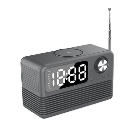 Bedside Speaker With LED Clock And Wireless Charging Pad showing LED display, wireless charging pad, FM antenna