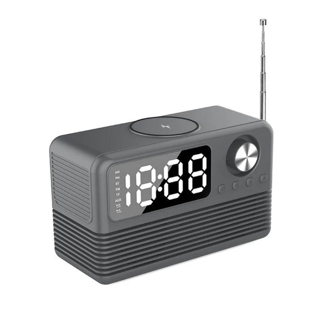 Bedside Speaker With LED Clock And Wireless Charging Pad showing LED display, wireless charging pad, FM antenna