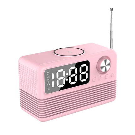 Bedside Speaker With LED Clock And Wireless Charging Pad in pink with large LED display, FM antenna and top Qi pad