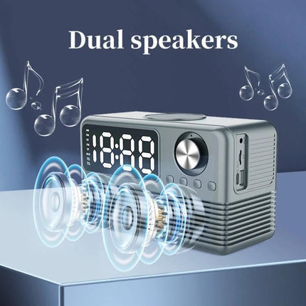 Bedside Speaker With LED Clock And Wireless Charging Pad showing dual speakers, LED display, dial and wireless charging pad