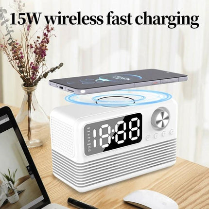 Bedside Speaker With LED Clock And Wireless Charging Pad on nightstand showing 15W charging and digital alarm display