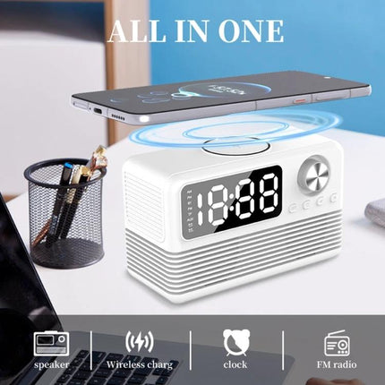 Bedside Speaker With LED Clock And Wireless Charging Pad on nightstand with phone charging, FM radio and Bluetooth
