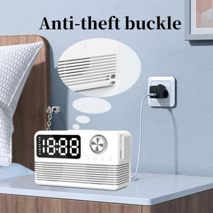 Bedside Speaker With LED Clock And Wireless Charging Pad on nightstand showing LED display, alarm, anti-theft buckle and charging cable