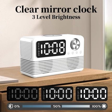 Bedside Speaker With LED Clock And Wireless Charging Pad on nightstand showing LED mirror clock and brightness levels