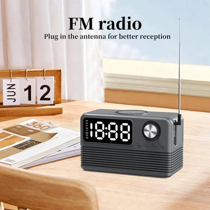 Bedside Speaker With LED Clock And Wireless Charging Pad on nightstand showing FM radio, antenna, alarm display, Bluetooth controls