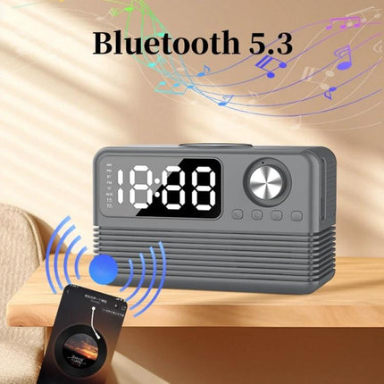 Bedside Speaker With LED Clock And Wireless Charging Pad showing LED display, Bluetooth 5.3, alarm and wireless charging