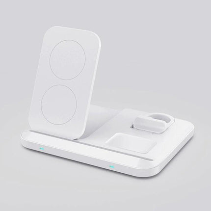 A Folding Charger for Daily Home and Travel Essentials – compact white foldable 3-in-1 wireless charger for phone, earbuds and smartwatch