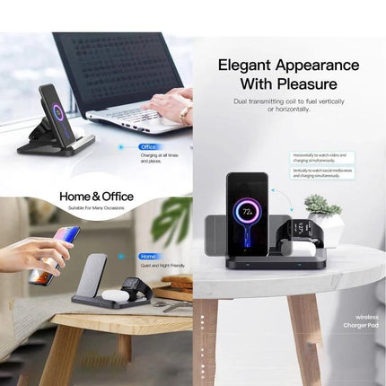 A Folding Charger for Daily Home and Travel Essentials showing a portable 3-in-1 folding wireless charger station charging smartphone, earbuds, and smartwatch