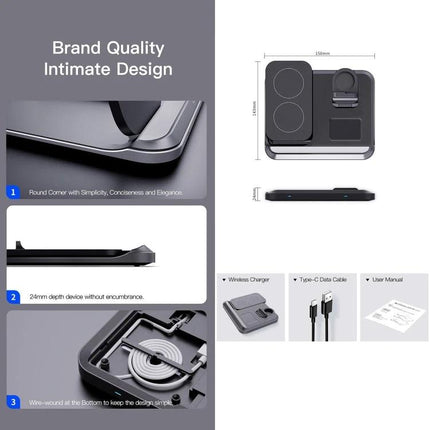 A Folding Charger for Daily Home and Travel Essentials foldable wireless charger kit showing dimensions, side profile and cable storage