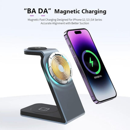 Versatile Magnetic Wireless Charger for Daily Travel Needs - compact 3-in-1 magnetic stand charging phone, earbuds, and smartwatch for travel