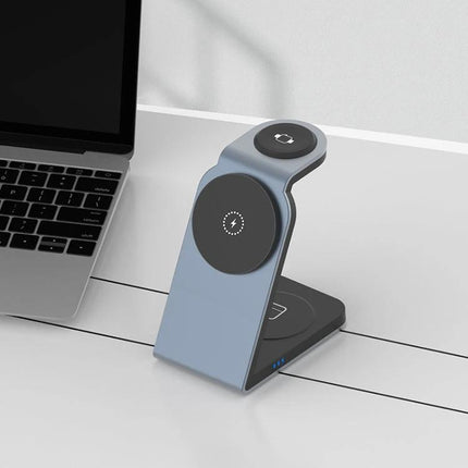 Versatile Magnetic Wireless Charger for Daily Travel Needs on desk charging phone, earbuds and smartwatch with compact travel-friendly foldable stand