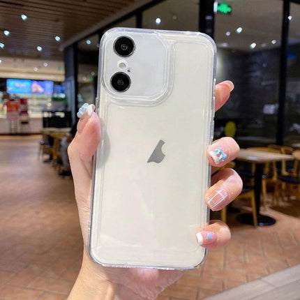 Essential Phone Case For Everyday Protection And Comfortable Secure Grip During Daily Commute clear TPU case on white iPhone held in hand showing corner buffering and button access