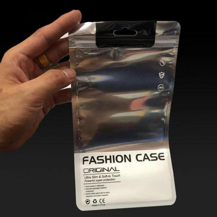 Silver Plated Aluminum Self-Sealing Bag for Phone Cases in Multiple Sizes clear silver pouch with hang hole and resealable top