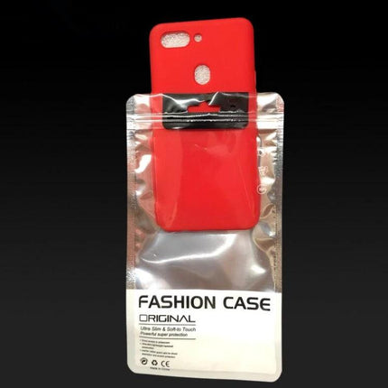 Silver Plated Aluminum Self-Sealing Bag for Phone Cases in Multiple Sizes holding a red phone case, resealable protective travel storage