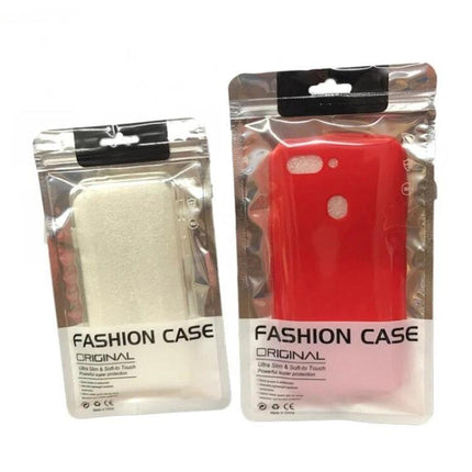 Silver Plated Aluminum Self-Sealing Bag for Phone Cases in Multiple Sizes with red and white phone cases displayed