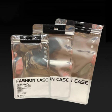 Silver Plated Aluminum Self-Sealing Bag for Phone Cases in Multiple Sizes - three silver resealable bags protecting phone cases, travel storage