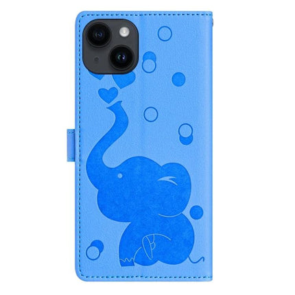Leather Phone Case With Card Slots For Everyday Use - blue PU leather wallet case with playful elephant design, card slots, cash pocket, and kickstand