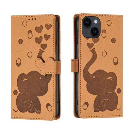 Leather Phone Case With Card Slots For Everyday Use - tan PU leather wallet case with elephant design, card slots, cash pocket and kickstand