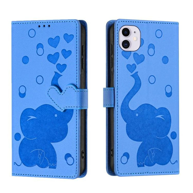 Phone Case With Built In Card Slots For Everyday Use - blue PU wallet case with elephant design, 3 card slots and hand strap