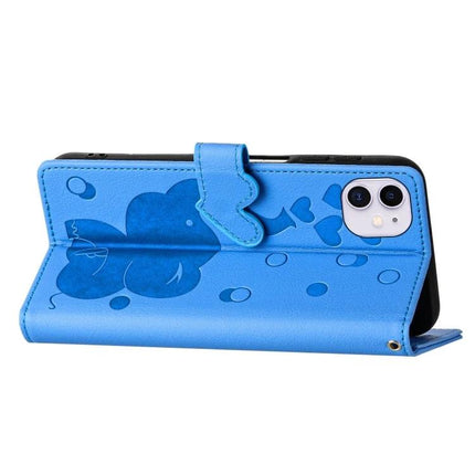 Phone Case With Built In Card Slots For Everyday Use - blue PU wallet case with hand strap and floral design, holds 3 cards and cash, kickstand style