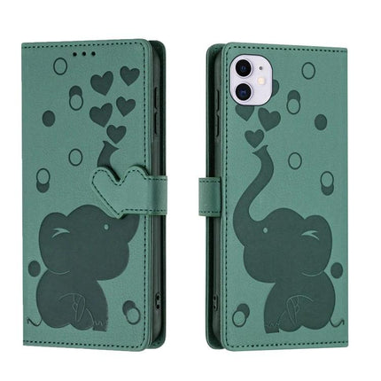 Phone Case With Built In Card Slots For Everyday Use - green PU wallet case with elephant and heart design, 3 card slots and hand strap