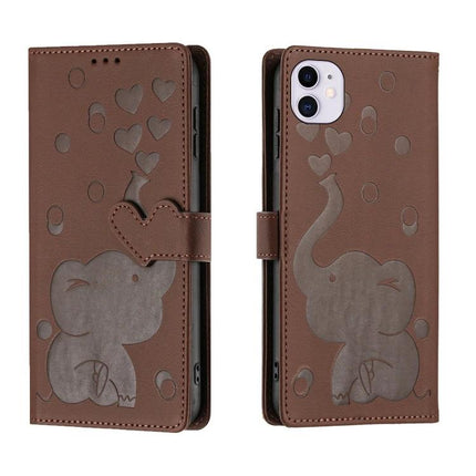 Phone Case With Built In Card Slots For Everyday Use - brown PU wallet case with elephant heart design, 3 card slots and hand strap