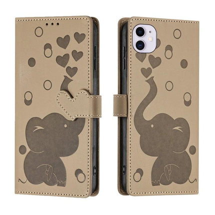 Phone Case With Built In Card Slots For Everyday Use - tan PU wallet case with cute elephant and heart design, hand strap, 3-card slots