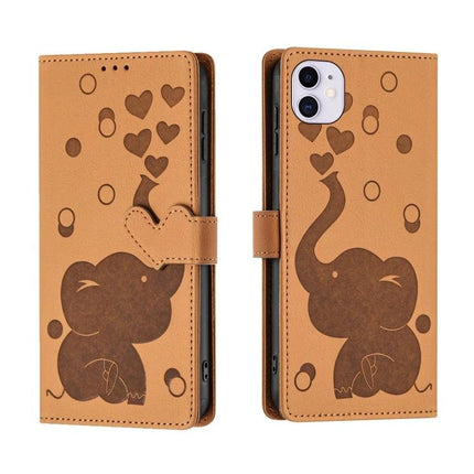 Phone Case With Built In Card Slots For Everyday Use, tan PU wallet case with elephant design, hand strap and 3 card slots