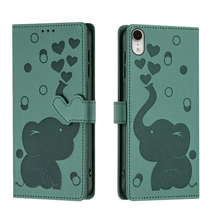 Phone Case With Built In Card Slots For Everyday Use teal PU wallet case with elephant and hearts, hand strap, holds 3 cards and cash