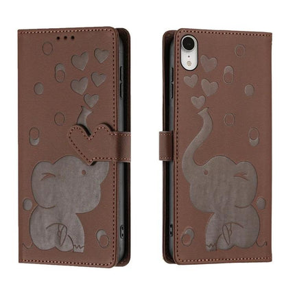 Phone Case With Built In Card Slots For Everyday Use - brown PU wallet case with embossed elephant and hearts, hand strap and card slots