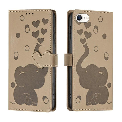 Daily Phone Case With Elephant Design For Everyday Use - tan PU leather wallet case with elephant and heart accents, card slots and kickstand