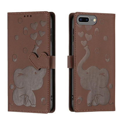 Cartoon Elephant Leather Phone Case With Card Slots showing brown embossed elephant motif and built-in card storage